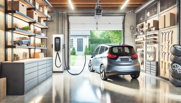Spacious garage interior featuring an electric car connected to a wall-mounted charging station. Polished concrete floors and modern storage cabinets enhance the clean, orderly space, with sunlight streaming through the partially open garage door, illuminating the neatly arranged tools and equipment.