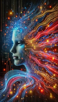 The futuristic human figure is adorned with intricate, glowing digital circuits across the face and body, seamlessly merging with neon waves and abstract data streams in the background. Dynamic colors of blue, gold, and red create an energetic and high-tech atmosphere, with sleek headphones glowing amidst the digital flow.