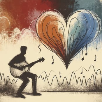 Musician playing guitar in silhouette, with vibrant heartshaped music notes merging with the background