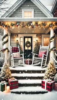 A charming holiday porch features cozy rocking chairs with red plaid cushions, garlands, and snowmen. Christmas trees adorned with red ornaments and gift boxes add warmth to the snow-covered steps, while soft snowfall enhances the winter wonderland scene.