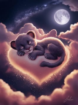 A cute little lion is sleeping on a heart. The image has a dreamy, whimsical feel to it, with the lion resting on a heart that is floating in the sky. The moon is also visible in the background ai generated