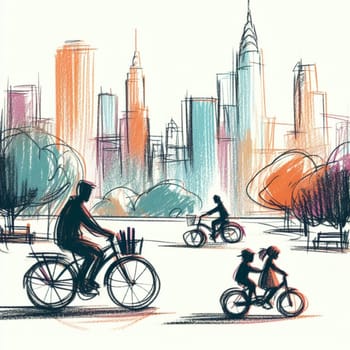 Vibrant urban cycling adventure through the colorful cityscape with bicycles and riders. Featuring an illustration of skyscrapers and a vibrant lifestyle. Highlighting outdoor recreation. Fitness