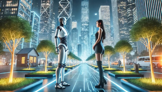 In a peaceful futuristic park, a woman stands thoughtfully beside a humanoid robot. The glowing neon lights and towering buildings surround them, while artificial trees and illuminated paths offer a tranquil space where technology and nature meet.