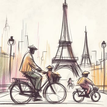 Sketch of a father and child biking together near the eiffel tower in paris, capturing a warm, family moment against a backdrop of iconic french architecture