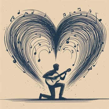 Illustration of a person playing guitar with a vintage aesthetic and heartshaped musical note design