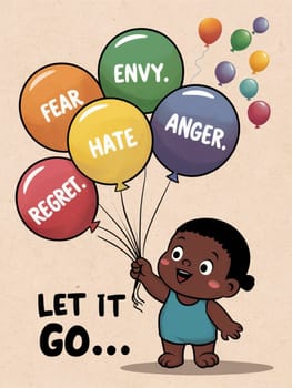 Illustration of a cheerful child releasing balloons labeled with negative emotions such as fear, anger, and envy, symbolizing the concept of letting go and embracing positivity