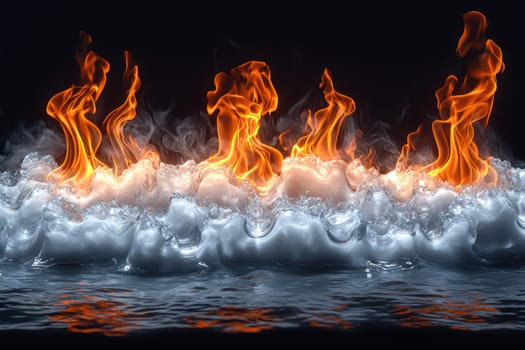 This artwork fuses swirling flames and crashing waves, capturing the essence of elemental beauty in nature