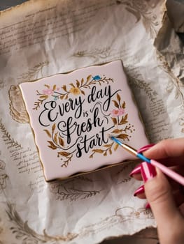 Person's hand writing on a ceramic tile featuring a motivational quote every day is a fresh start surrounded by floral designs, placed on a vintage paper background