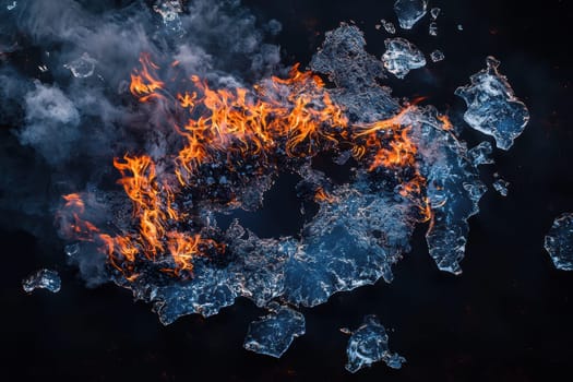 This aerial view showcases a captivating design of fire and smoke, evoking strong visual impact and emotion
