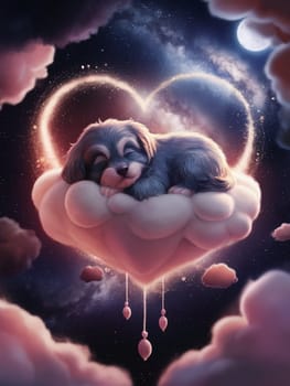A dog is sleeping on a heart shaped pillow. The pillow is on top of a cloud, ai generated