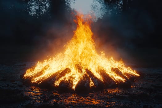 A beautifully stunning bonfire is creating an enchanting warm glow in a dark outdoor rustic setting, mesmerizing all