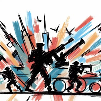 Stylized sketch depicting busy city life with a minimalist and child-like artistic flair