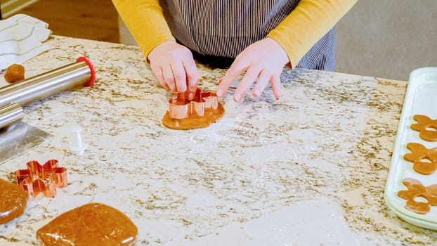 Using various festive cookie cutters, we're cutting out charming gingerbread cookies from the rolled dough on the sleek marble counter, bringing holiday cheer to the modern kitchen.
