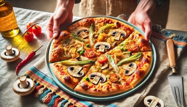 A close-up of a freshly sliced pizza with melted cheese stretching, topped with fresh basil and ripe tomatoes. The rustic kitchen setting adds a cozy and homely feel, surrounded by olive oil, garlic, and fresh ingredients.