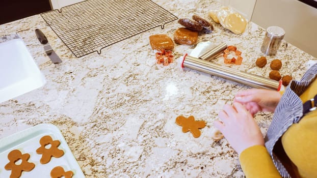 Using various festive cookie cutters, we're cutting out charming gingerbread cookies from the rolled dough on the sleek marble counter, bringing holiday cheer to the modern kitchen.