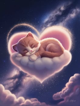 A cat is sleeping on a heart shaped cloud. The cat is brown and white. The moon is in the background ai generated