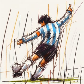 Child-like pastel drawing of a soccer player in action, showcasing a minimalist artistic technique