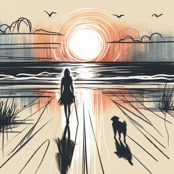 A woman and her dog walk along a beach at sunset. The sky is orange and the sun is setting