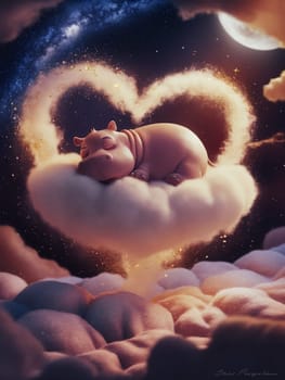 A cute little hippo is sleeping in a cloud shaped like a heart. The clouds are fluffy and white, and the sky is dark with stars. The image has a dreamy, whimsical feel to it ai generated