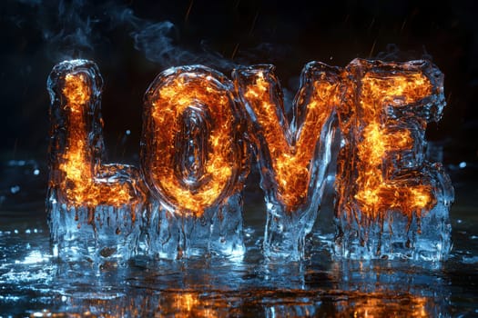 This is an artistic and imaginative representation of love where fiery letters elegantly emerge from cool ice
