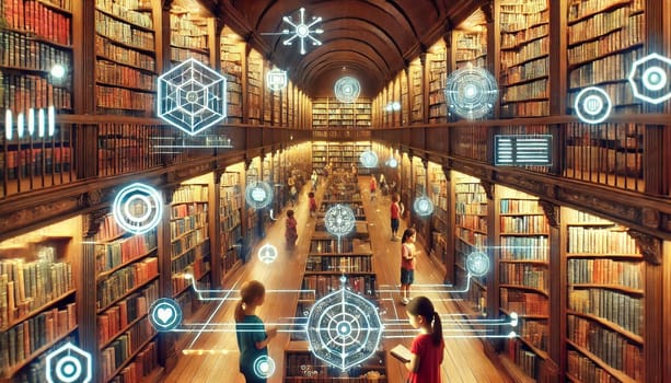 A serene futuristic library with tall wooden bookshelves filled with physical books, paired with floating holographic AI displays. Soft lighting creates a warm contrast between the classic library design and glowing digital projections, inviting both traditional reading and modern learning.