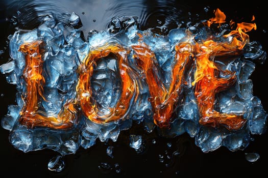 A captivating image showing the word LOVE dramatically rendered in flames against an icy background