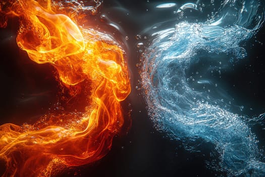 A stunning visual of fire and water swirling, embodying the beautiful contrast of these elements artistically