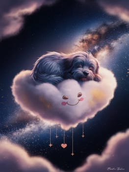 A dog is sleeping on a heart shaped pillow. The pillow is on top of a cloud, ai generated