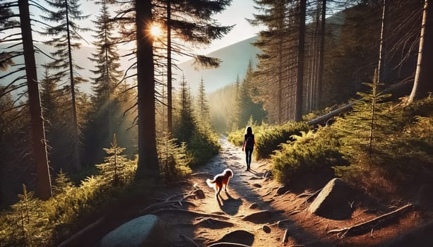 A woman and her dog walk along a forest trail as sunlight filters through the towering trees. The calm, shadowed path creates a tranquil atmosphere, with golden light illuminating the surroundings as they hike together.