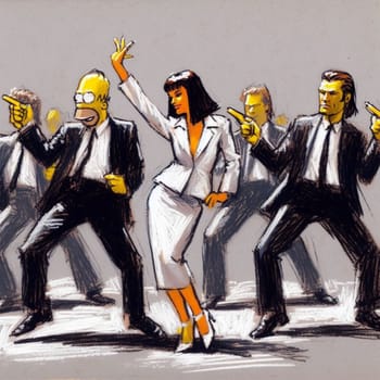 Vibrant cartoon of a diverse team in a business setting, featuring a dancing woman