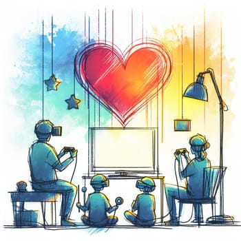Illustration of a family spending quality time playing video games. A large heart symbolizes love above them. Creating a warm. Colorful atmosphere that celebrates unity and bonding over shared hobbies