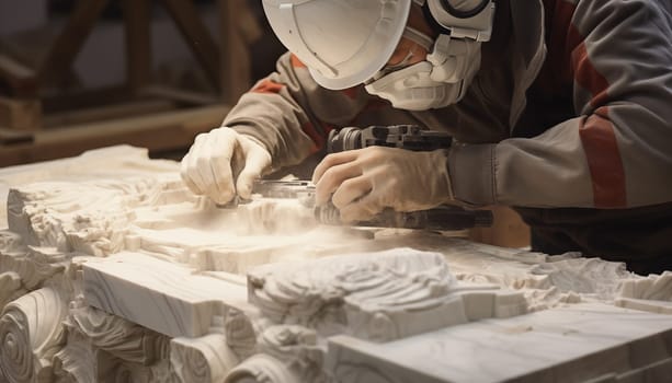 A skilled man is meticulously working on a sculpture in a factory, shaping a masterpiece from a block of stone with precision and expertise.