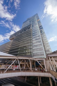 OSAKA, JAPAN - SEPTEMBER 26, 2024: Exterior architectural views of Abeno Harukas from Abiko-Suji St. Abeno Harukas is one of the tallest buildings in Japan