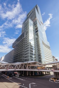 OSAKA, JAPAN - SEPTEMBER 26, 2024: Exterior architectural views of Abeno Harukas from Abiko-Suji St. Abeno Harukas is one of the tallest buildings in Japan