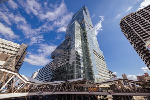 OSAKA, JAPAN - SEPTEMBER 26, 2024: Exterior architectural views of Abeno Harukas from Abiko-Suji St. Abeno Harukas is one of the tallest buildings in Japan