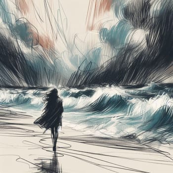 A woman is walking on a beach with a stormy sky in the background. Scene is dark and ominous, with the woman's silhouette against the stormy sky adding to the sense of foreboding
