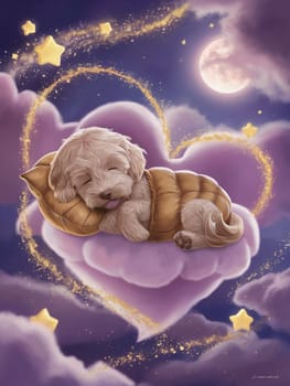 A dog is sleeping on a heart shaped pillow. The pillow is on top of a cloud. The dog is wearing a jacket ai generated