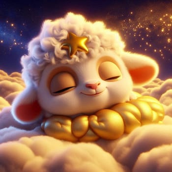 Adorable cartoon sheep snuggling on a soft heart cloud with a mesmerizing sunset backdrop ai generated