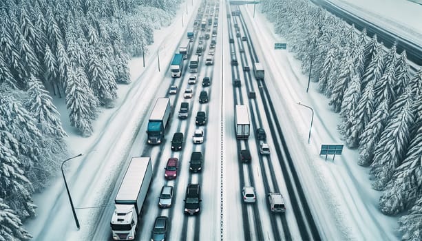 An overhead view shows vehicles navigating a snow-covered highway, surrounded by dense, snow-coated trees. The road is filled with cars and trucks driving slowly through icy conditions, creating a peaceful yet challenging winter commute.