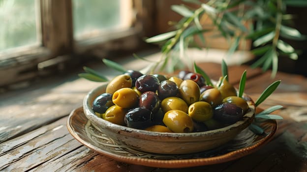 A bowl of olives from the olive family with leaves, displayed on a wooden table. This natural food ingredient can be used in recipes for a variety of dishes