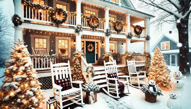 Snow blankets a charming farmhouse porch adorned with sparkling lights and Christmas decorations. Rocking chairs with checkered cushions and warm light from the windows invite a cozy atmosphere, while evergreens dusted with snow and a cheerful snowman enhance the holiday magic.