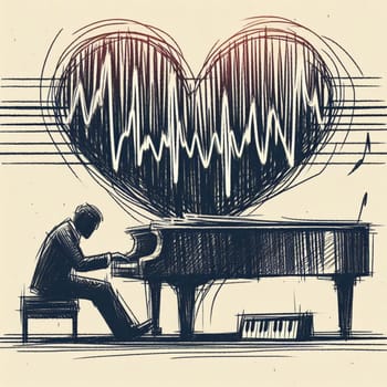 Illustration of a pianist performing with a heartshaped music wave representing a passion for music