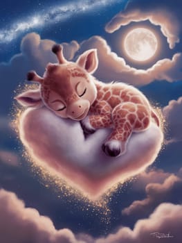 A giraffe is sleeping on a heart. The giraffe is small and cute. The heart is white and the sky is cloudy, ai generated