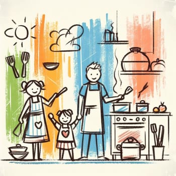 Charming illustration of a happy family cooking together in a colorful kitchen, with hand-drawn elements representing warmth, love, and the joys of family activities