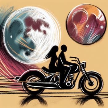 Pastel sketch of a couple riding a motorcycle under whimsical planets, evoking imagination