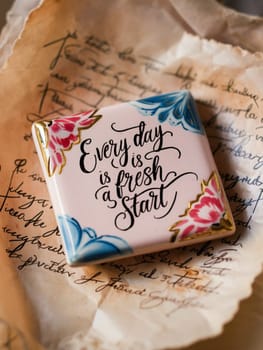 Uplifting ceramic tile with the quote every day is a fresh start, placed on a pile of aged, handwritten letters, provides motivational decor with a nostalgic touch