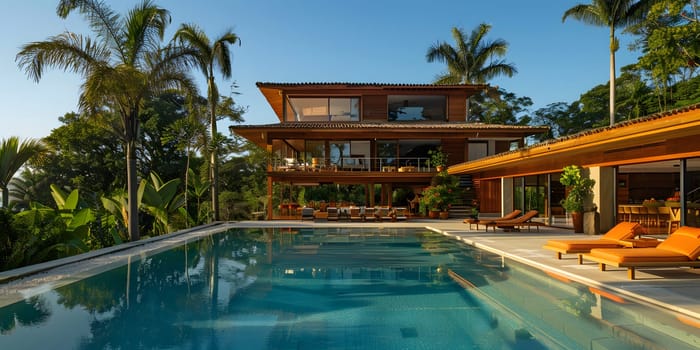An impressive real estate property featuring a spacious house with a swimming pool in front of it, surrounded by lush green plants and towering palm trees under a clear azure sky
