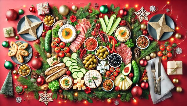 A side-angled view of a Mediterranean charcuterie spread on a red background. The layout features fresh vegetables, artisanal cheeses, and cured meats, surrounded by festive decorations like pine branches, ornaments, and twinkling lights, creating a cozy and vibrant holiday atmosphere.