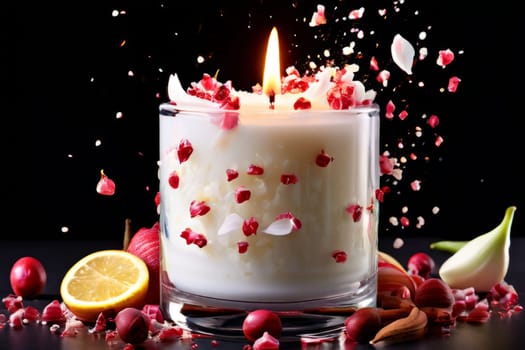 Luxurious candlelight surrounded by vibrant flower petals, fresh lemon, and spices. Ideal for promoting tranquility, wellness, and inviting home decor
