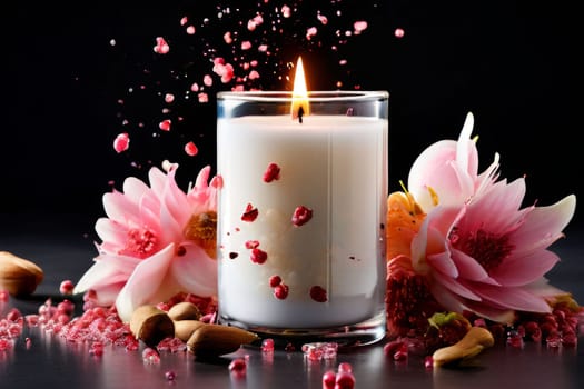 Luxurious candlelight surrounded by vibrant flower petals, fresh lemon, and spices. Ideal for promoting tranquility, wellness, and inviting home decor